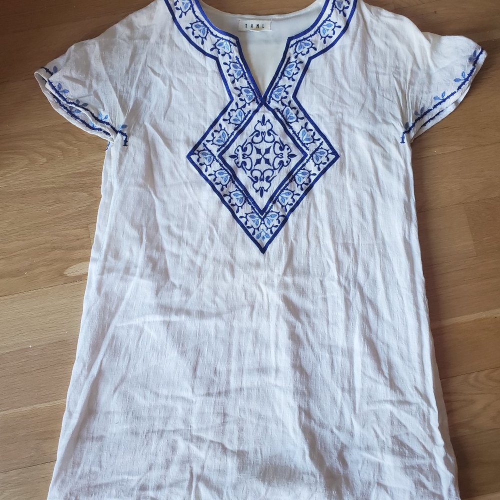 Blue & White Embroidered Tunic Dress